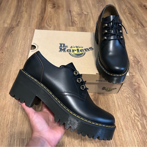 Dr. Martens Shoes - DR MARTENS Leona Lo black leather heeled platform Oxfords lace up shoes women’s